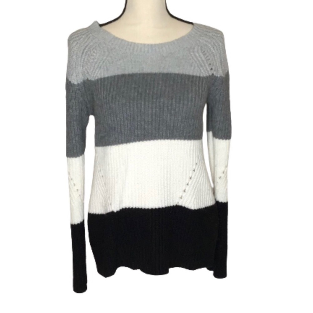 Lucky Brand Black Gray Ivory Color Block Sweater Medium